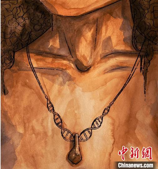 墜飾藝術(shù)再現(xiàn)圖，圖中吊墜繩為DNA螺旋樣式(圖片作者M(jìn)yrthe Lucas)?！∈┢樟指瘛ぷ匀?供圖