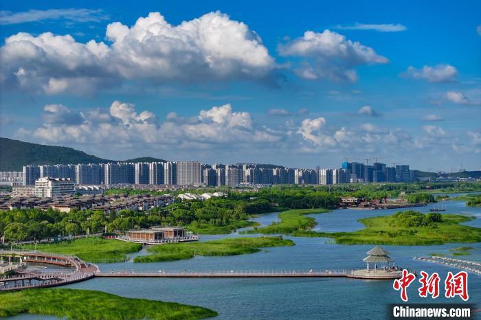 資料圖：航拍蘇州太湖湖濱國家濕地公園，藍天碧水生態(tài)美。 泱波 攝