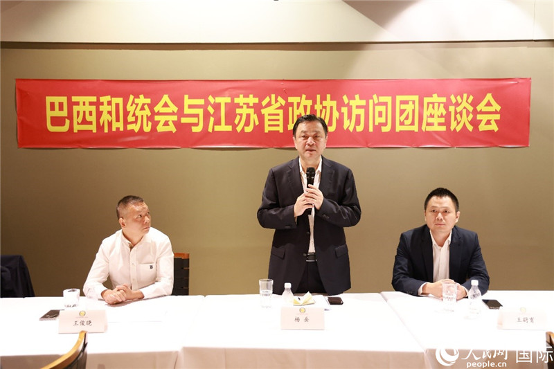 江蘇省政協(xié)副主席楊岳（中）在座談會上致辭。人民網(wǎng)記者 陳海琪攝