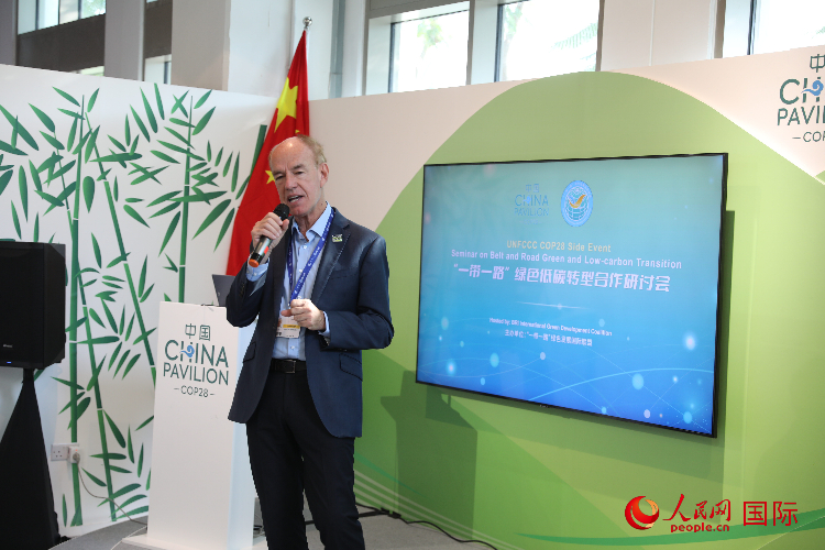 綠色聯(lián)盟聯(lián)合主席、世界自然基金會國際特使蘭博蒂尼在“一帶一路”綠色低碳轉(zhuǎn)型合作研討會上發(fā)言。人民網(wǎng)記者 張志文攝