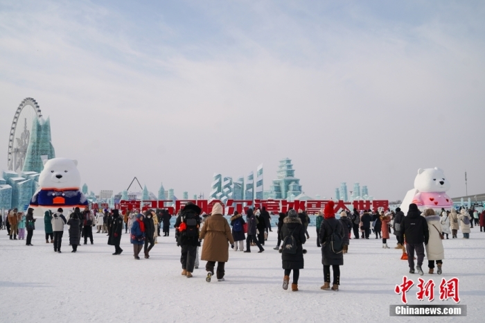 1月4日，第25屆哈爾濱冰雪大世界內(nèi)的冰雕吸引游客觀看。白天的冰雪大世界，游客仿佛置身現(xiàn)實版“冰雪奇緣”。<a target='_blank' href='/'><p  align=