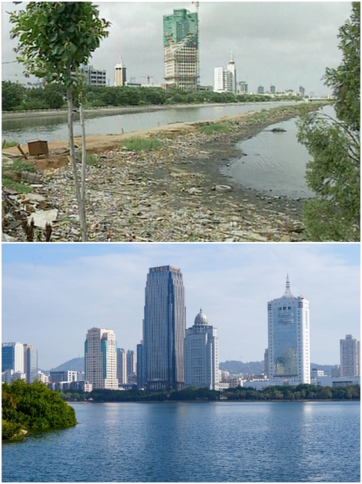 上圖：筼筜湖治理前資料圖。下圖：筼筜湖如今的美麗風(fēng)光。人民網(wǎng)記者 吳超嵐攝
