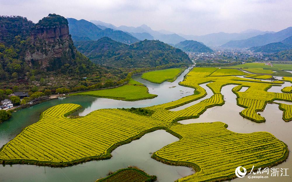 3月28日，航拍浙江省臨海市桃渚鎮(zhèn)桃江十三渚盛開(kāi)的油菜花景色。人民網(wǎng) 章勇濤攝
