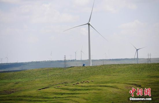 6月28日，河北張家口張北草原上大片風(fēng)力發(fā)電的“風(fēng)車”規(guī)模宏大。 中新社記者 楊艷敏 攝