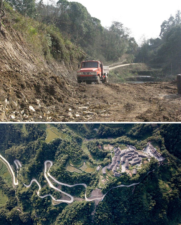 拼版照片：上圖為2011年12月拍攝的湖南省湘西土家族苗族自治州花垣縣十八洞村進村道路；下圖為2019年9月拍攝的十八洞村及進村道路。