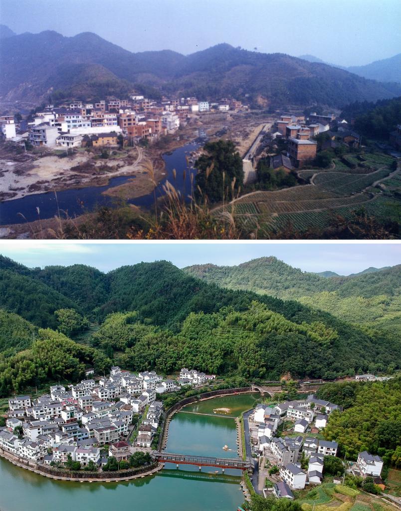 圖為浙江省杭州市淳安縣楓樹嶺鎮(zhèn)下姜村拼版圖，其中上圖為資料照片、下圖由新華社記者張鋮攝。