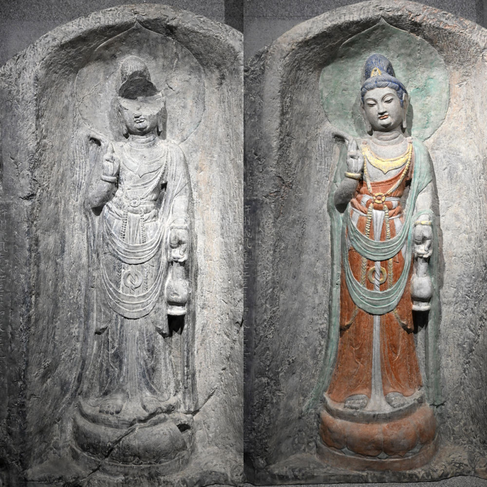 左圖為龍門石窟萬佛洞窟前南壁菩薩造像的3D打印模型；右圖為利用數(shù)字化技術復原后的3D打印模型（2025年4月10日攝，拼版照片）。復原后的像龕精妙絕倫，栩栩如生，被游客譽為“龍門最美菩薩”。圖片來源新華社