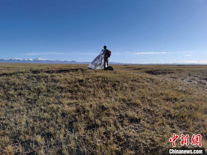 圖為索南達(dá)杰保護(hù)站保護(hù)隊員在可可西里找到露營的葉某?！∴嚭Ｆ?攝