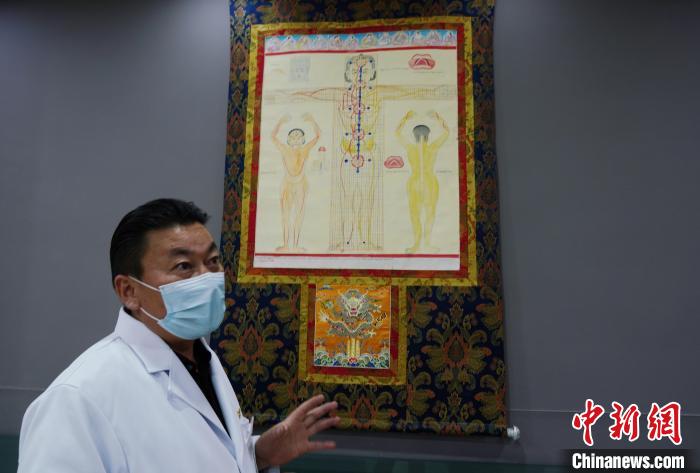 圖為興海縣藏醫(yī)院院長介紹藏醫(yī)四部醫(yī)典詳實圖。　馬銘言 攝