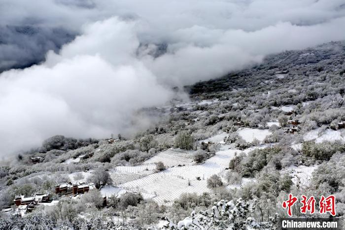 雪后的丹巴半山云霧繚繞?！±钣腊?攝