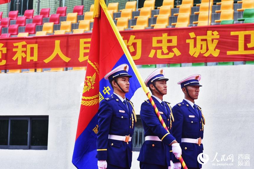 迎國家綜合性消防救援隊(duì)伍隊(duì)旗。人民網(wǎng) 李海霞 攝