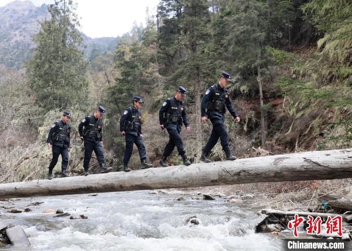 山南邊境管理支隊(duì)玉麥邊境派出所民警邊境巡邏途中走過河道上“獨(dú)木橋”?！∴嶇?攝