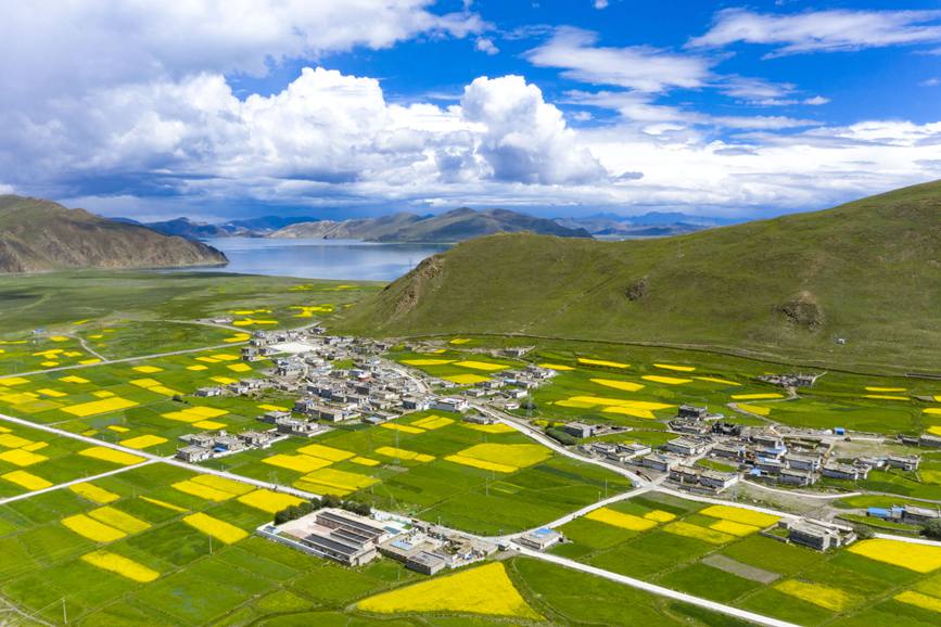航拍道布龍村，依山傍水，阡陌縱橫。